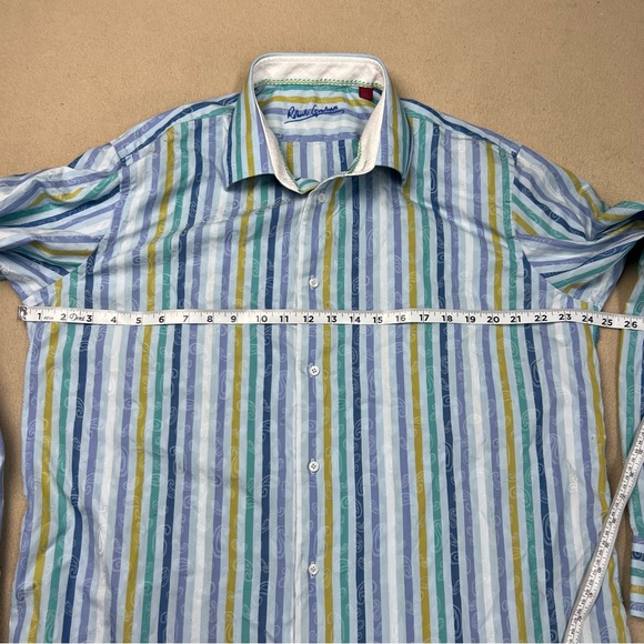 Robert Graham Shirt Men’s L / XL Blue Striped Long Sleeve Button Up Cotton Silk - Picture 4 of 10